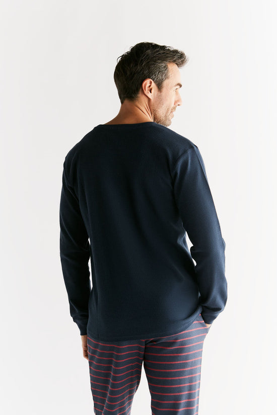 Leela Cotton 2208-061 | Waffel Strick Herren Langarmshirt - Indigo Bis zu 55% Rabatt