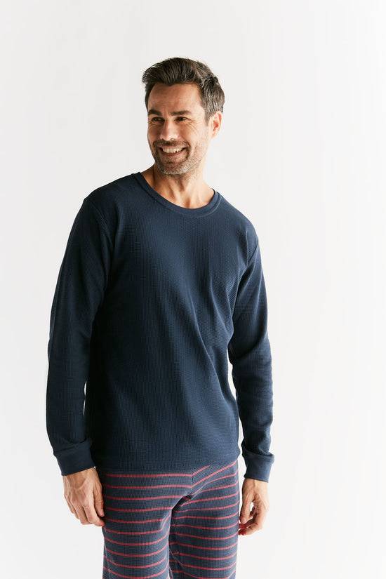 Leela Cotton 2208-061 | Waffel Strick Herren Langarmshirt - Indigo Bis zu 55% Rabatt