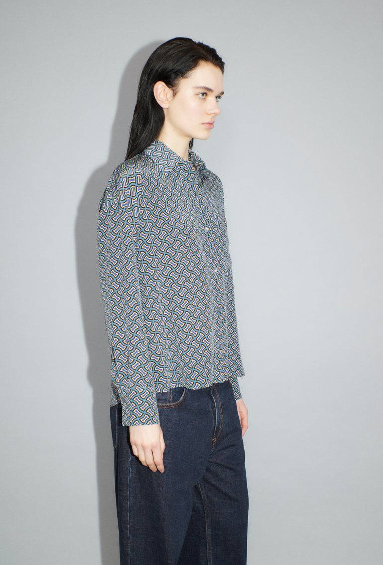 Odeeh Morphid Grid on Crepe de Chine Bluse, Lake Green Günstiger Verkauf