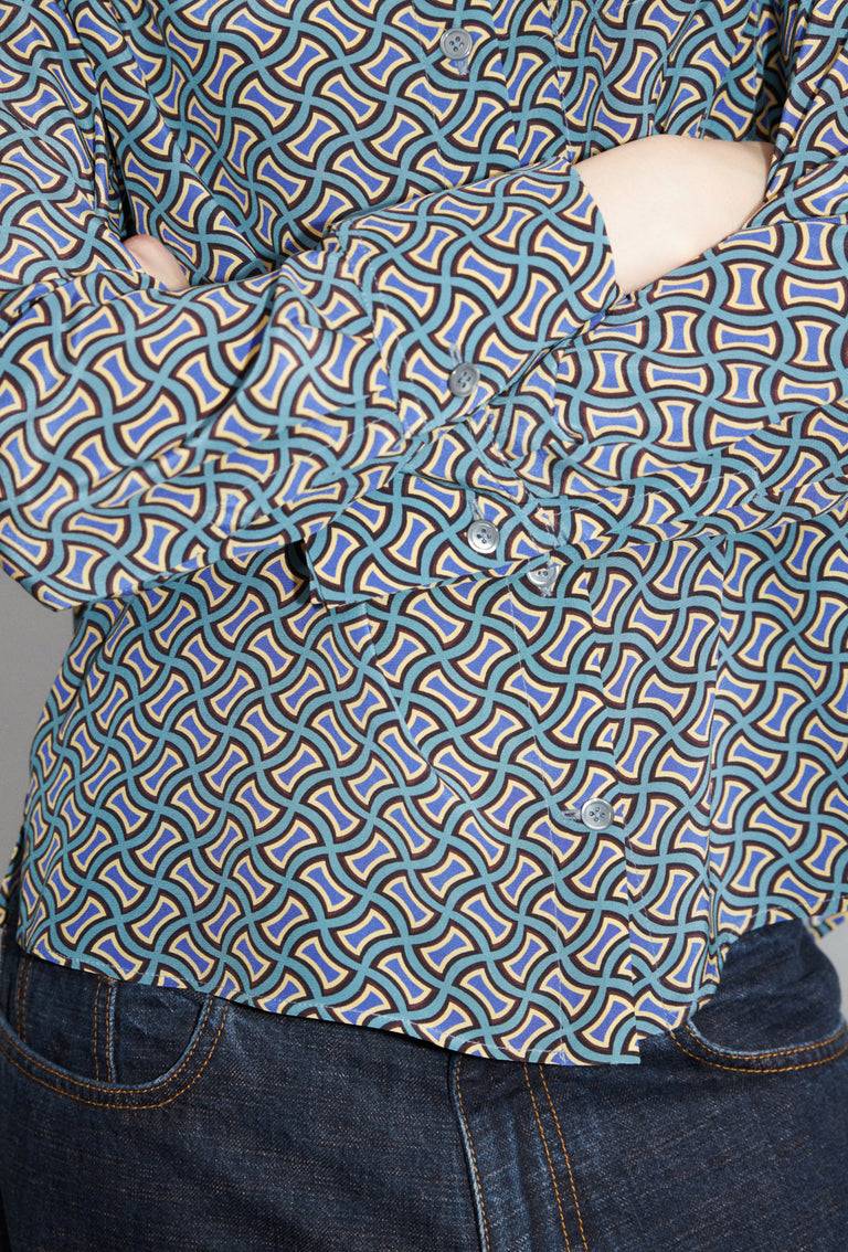 Odeeh Morphid Grid on Crepe de Chine Bluse, Lake Green Günstiger Verkauf