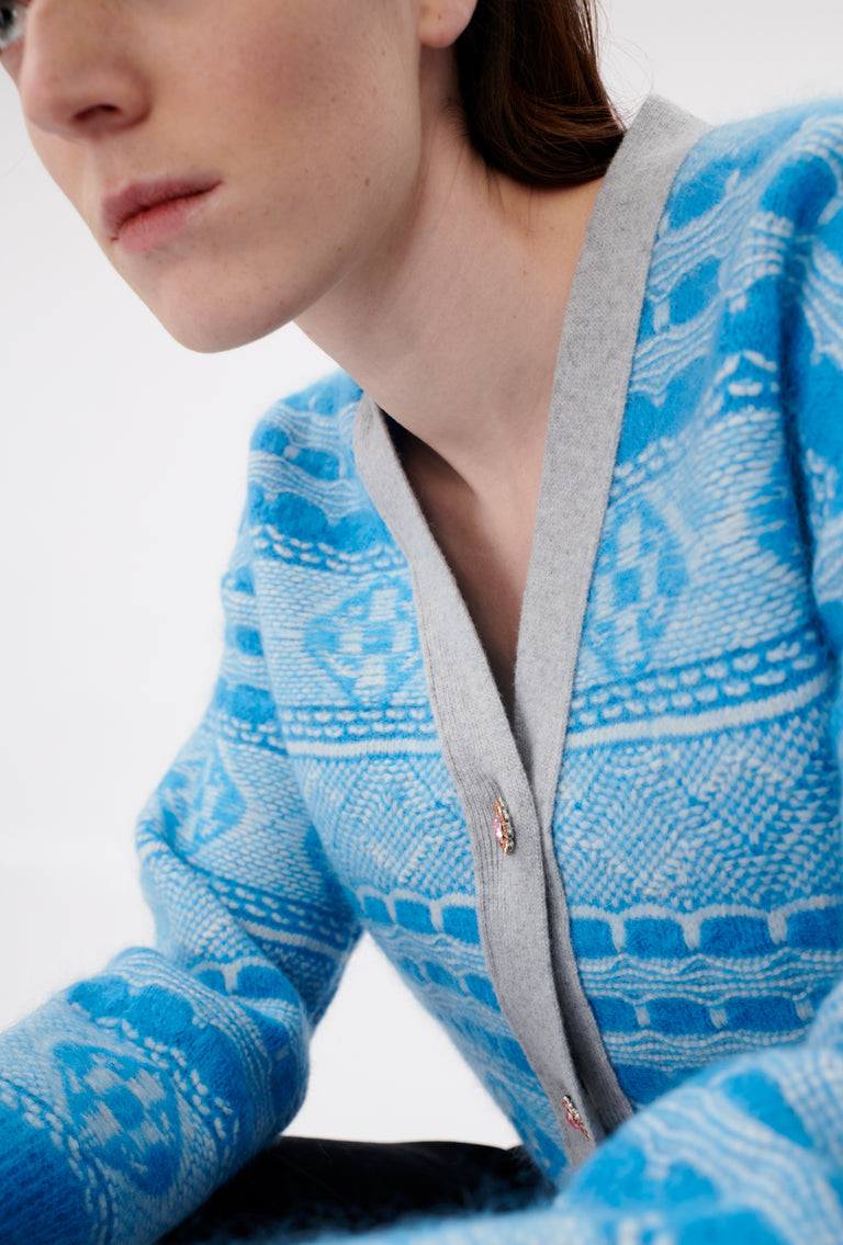 Odeeh Graphic Norwegian Cardigan, Himmelblau Auslauf