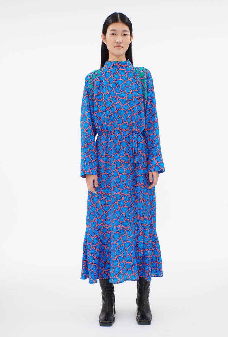 Odeeh Memphis Achats Crepe de Chine Kleid, Turquoise Blue Auslauf