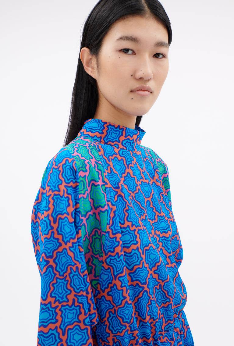 Odeeh Memphis Achats Crepe de Chine Kleid, Turquoise Blue Auslauf