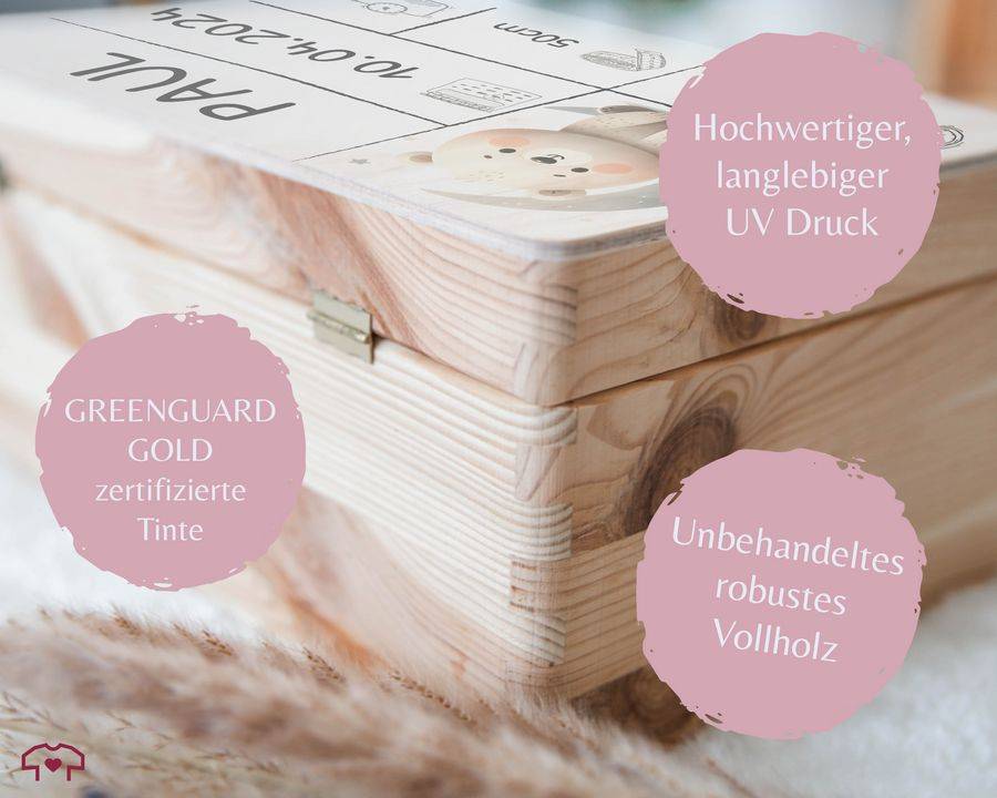Shirtracer Holzkiste zur Geburt Baby Personalisierte mit Bär Baby Erinnerungsbox Geschenk zur Geburt Shirtracer Begrenzte Freigabe